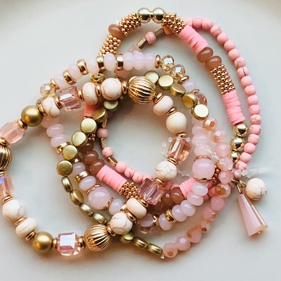 Stacked Bracelets (5) Natural Pink Tassel Charms - Picture 4 of 5